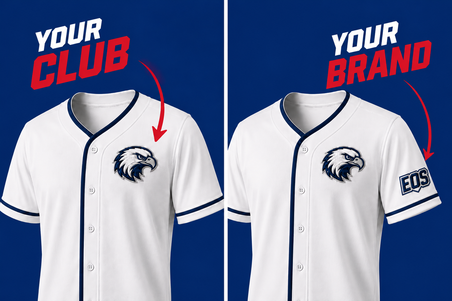 Club jersey shown with a club crest, and again with an added partner sleeve patch